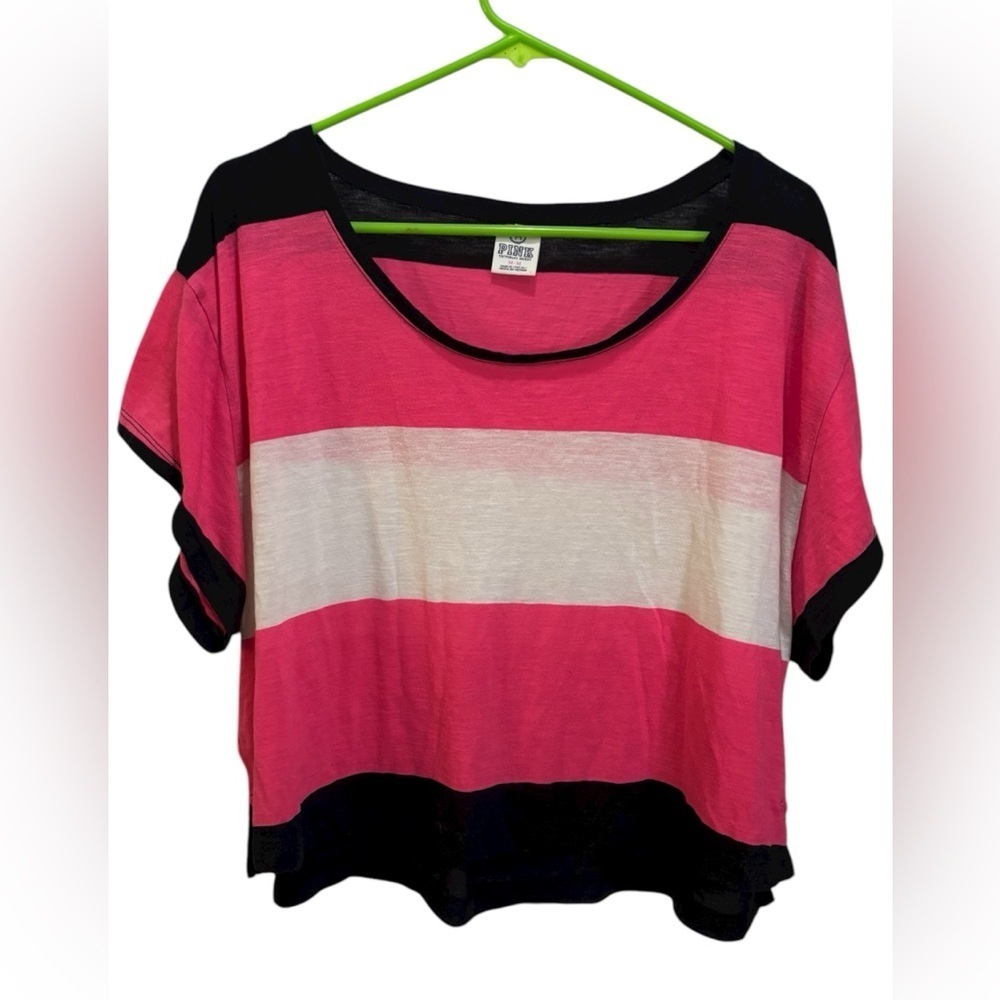 PINK Victoria's Secret Pink and Black Striped Short Sleeve Tee